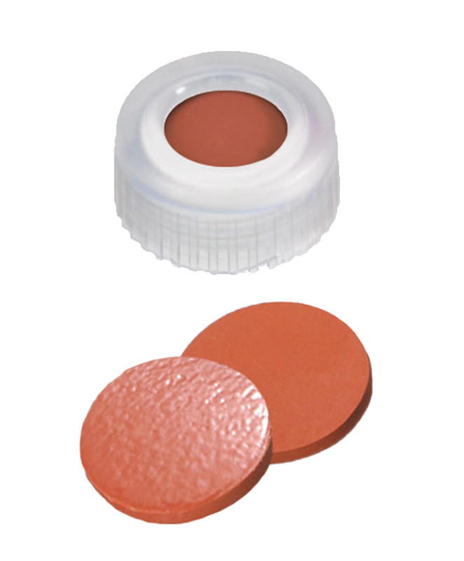 Uzáver skrutkovací ND9, PP, transp., stred. otovr, kau/PTFE, 100ks