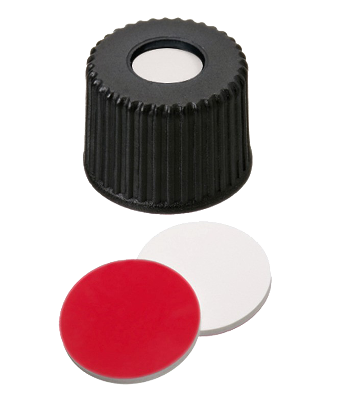 Uzáver závit ND8, PP, čierny, septa sil.biely/PTFE červ., stred. otvor, 100ks
