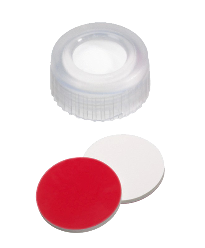 Uzáver skrutkovací ND9, PP, transp., sil/PTFE, stred.otvor, 100ks