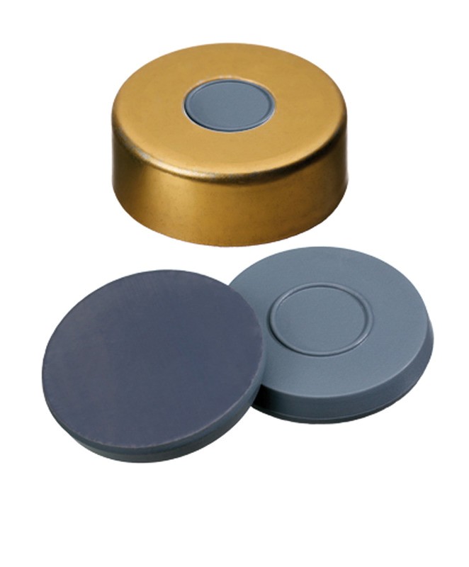 Krimpovací  uzáver ND20, Bromo-Butyl/PTFE, zlatý,magnet., 8mm stred, 100ks,  LABSOLUTE®