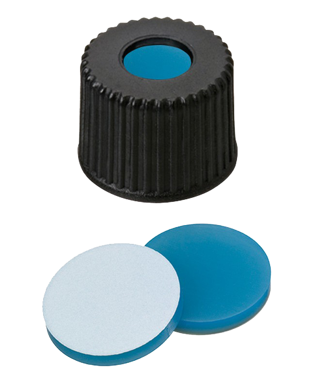 Uzáver závit ND8, PP čierny, septa sil.modrý/PTFE viely, stred. otvor, 100ks