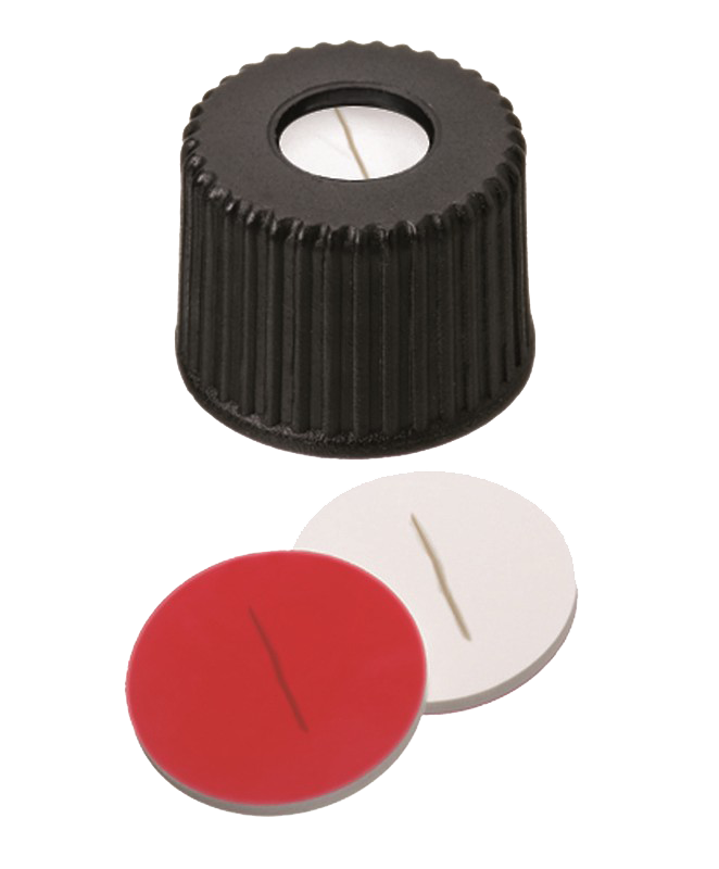Uzáver závit ND8, PP čierny, drážka, septa sil.biela/PTFE červ., 100ks