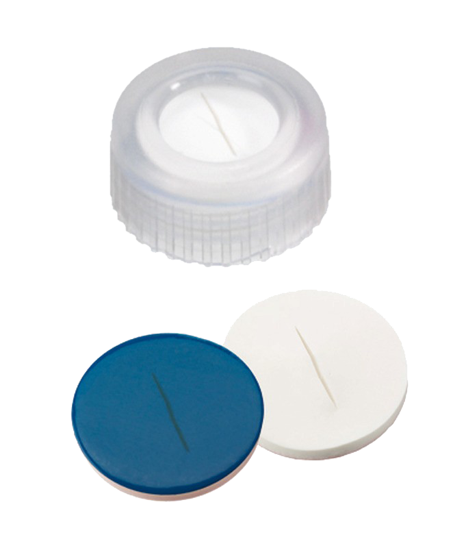 Uzáver skrutkovací ND9, PP, transp., sil/PTFE, stred.otvor, rez, 100ks