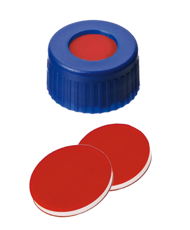 Uzáver skrutkovací ND9, PP, modrý, PTFE/sil./PTFE, stred.otvor, 100ks