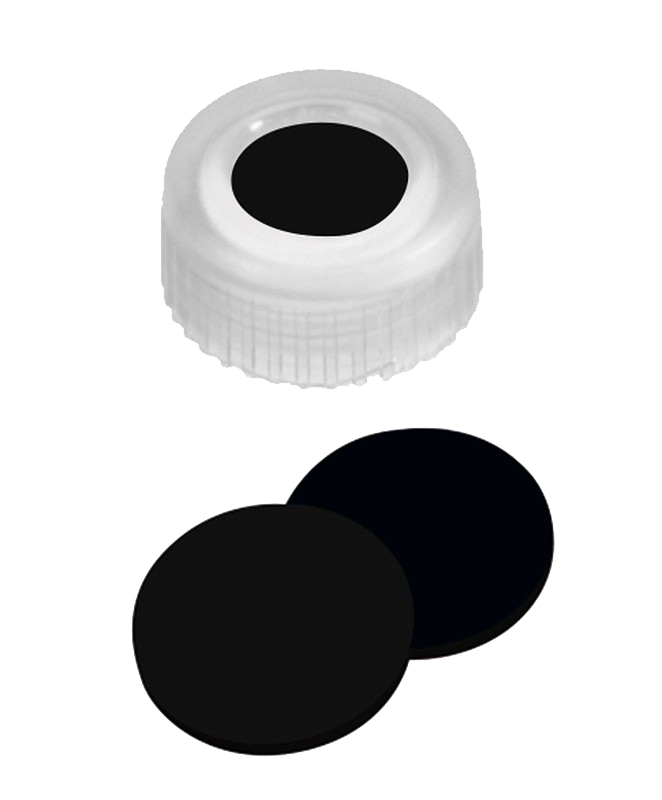 Uzáver skrutkovací ND9, PP, transp., septa Viton A čierna, 100ks