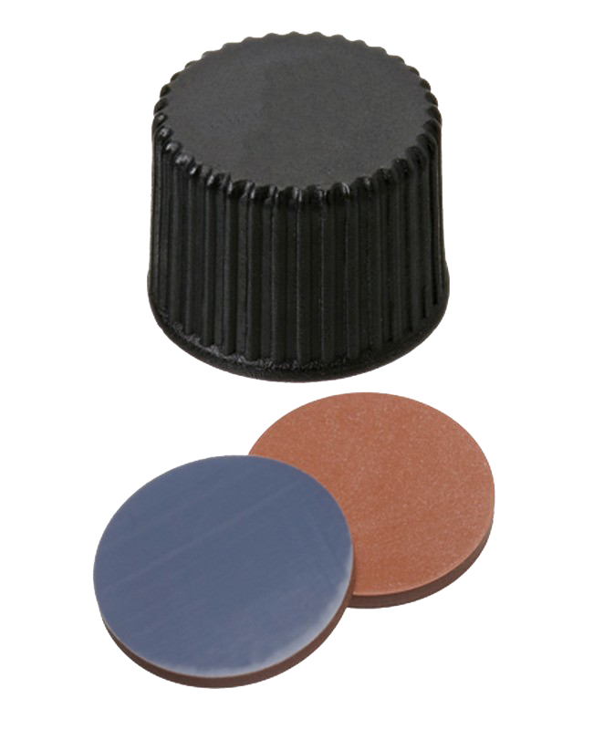 Uzáver ND8 PP čierny, plné viečko, septa butyl červ./PTFE šedá, 100ks