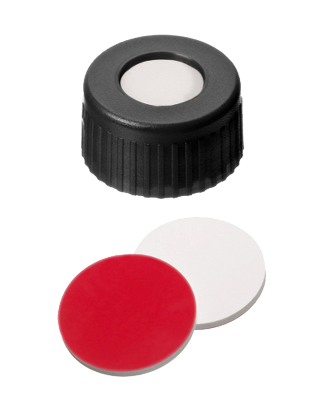 Uzáver skrutkovací ND9, PP, čierny, sil/PTFE, stred.otvor, 100ks