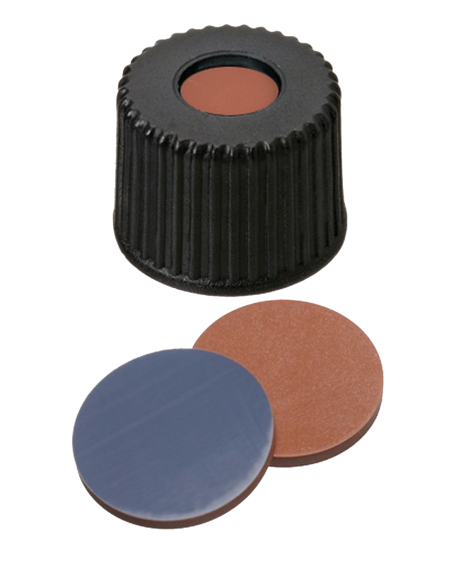 Uzáver ND8 PP čierny, septa butyl červ./PTFE šedá, stred. otvor, 100ks