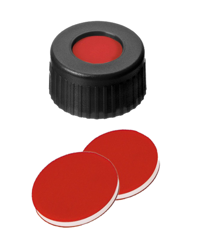 Uzáver skrutkovací ND9, PP, čierny, PTFE/sil./PTFE, stred.otvor, 100ks