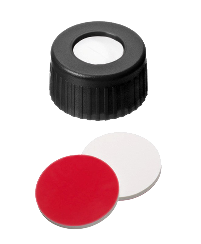 Uzáver skrutkovací ND9, PP, čierny, sil/PTFE, Ultrabold,stred.otvor, 100ks