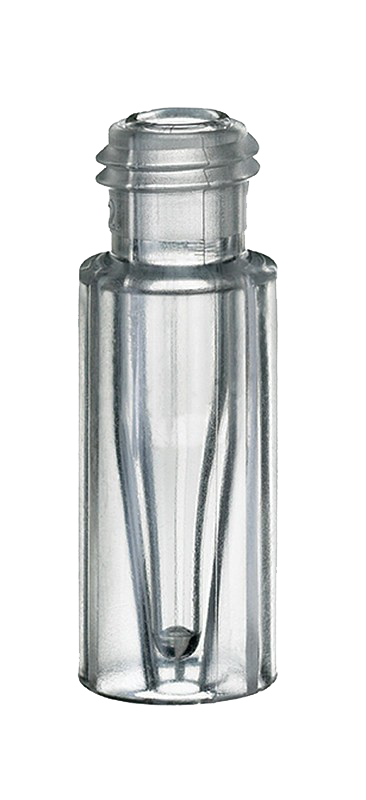 Vialka skrutkovacia, krátky závit ND9, PMP, číra, 0,2ml, silanizovaná, insert, 100ks