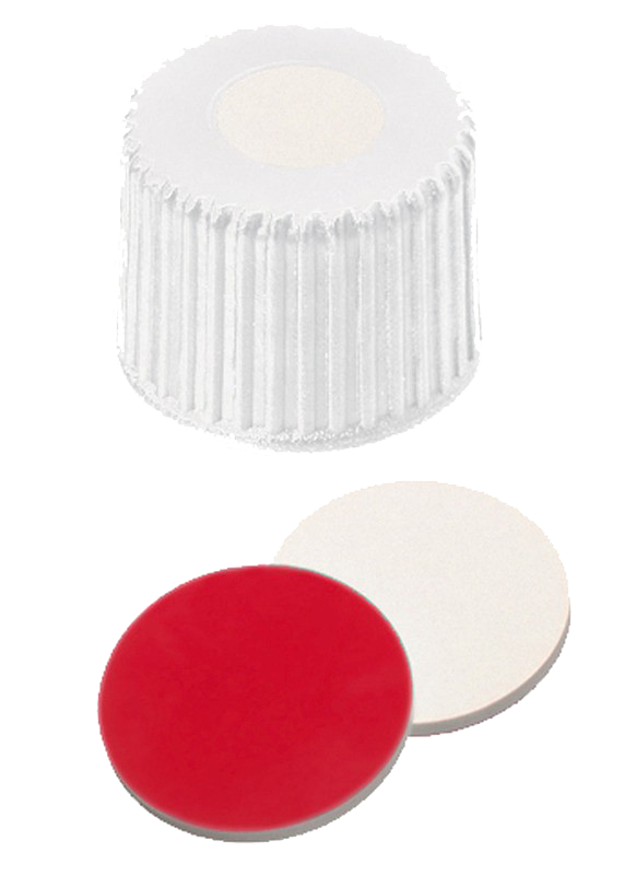Uzáver závit ND8. PP biely, septa sil.krém/PTFE červ., stred. otvor, 100ks