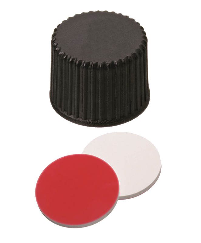 Uzáver závit ND8, PP, čierny, plný, septa sil.biely/PTFE červ., 100ks
