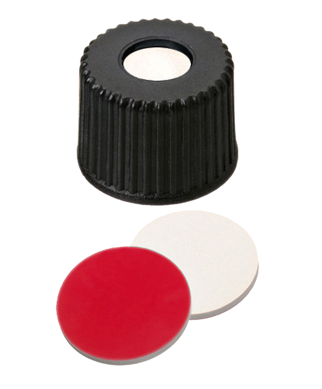 Uzáver závit ND8, PP čierny, septa sil.krém./PTFE červ., stred. otvor, 100ks