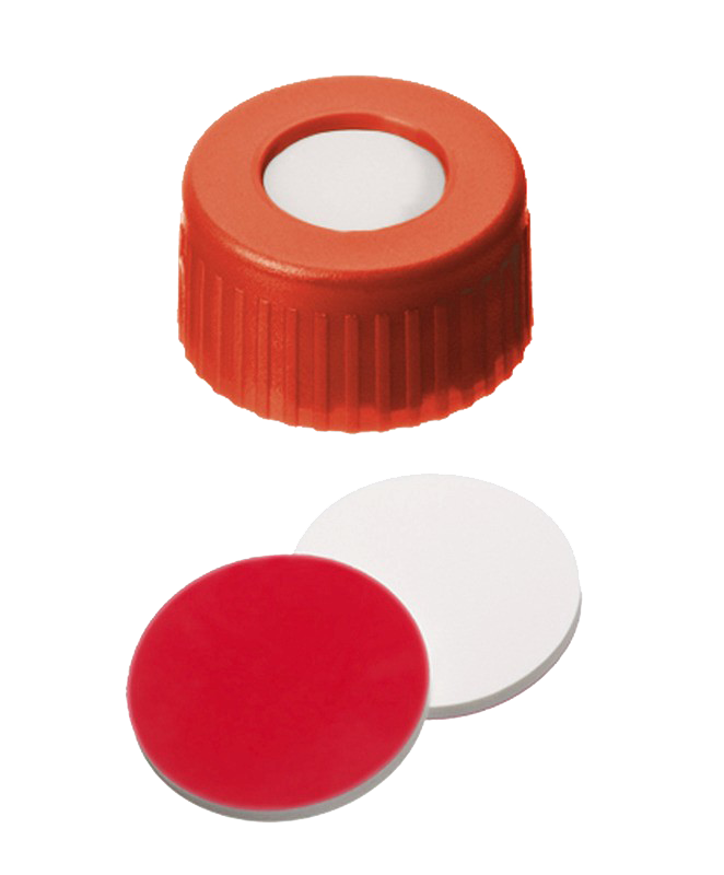 Uzáver skrutkovací ND9, PP, červený, sil/PTFE, stred.otvor, 100ks