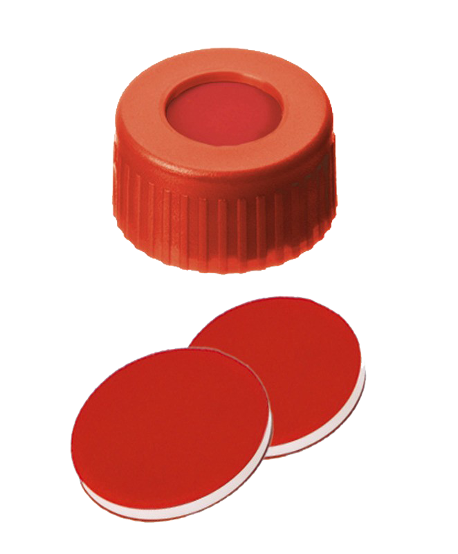 Uzáver skrutkovací ND9, PP, červený, PTFE/sil./PTFE, sted.otvor, 100ks