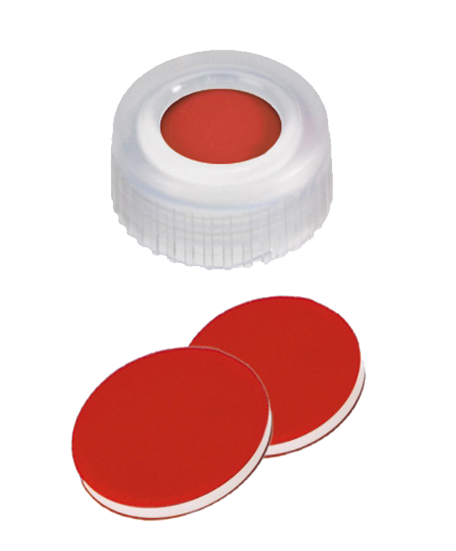 Uzáver skrutkovací ND9, PP, transp., PTFE/sil./PTFE, stred.otvor, 100ks