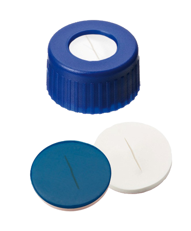 Uzáver skrutkovací ND9, PP, modrý, sil/PTFE modr., stred.otvor, rez, 100ks