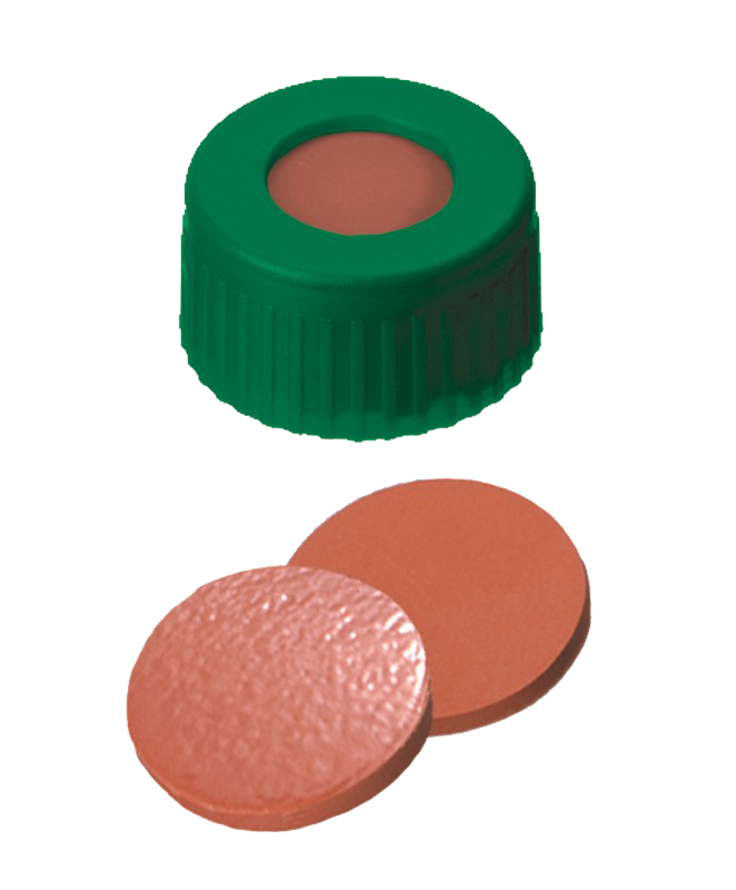 Uzáver skrutkovací ND9, PP, zelený, stred. otvor,  kau/TEF, 100ks