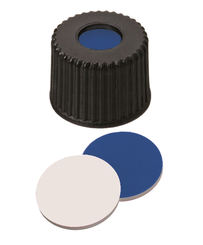 Uzáver závit ND8, PP čierny, septa sil. tm.mod./PTFE biely, stred. otvor, 100ks