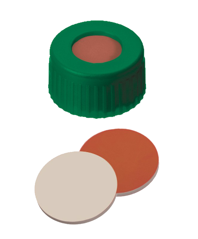 Uzáver skrutkovací ND9, PP, zelený, kau/PTFE, stred.otvor, 100ks