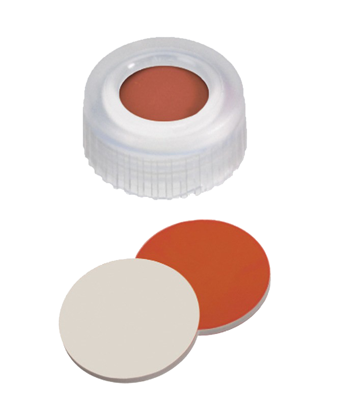 Uzáver skrutkovací ND9, PP, transparentný, kau/PTFE, stred.otvor, 100ks