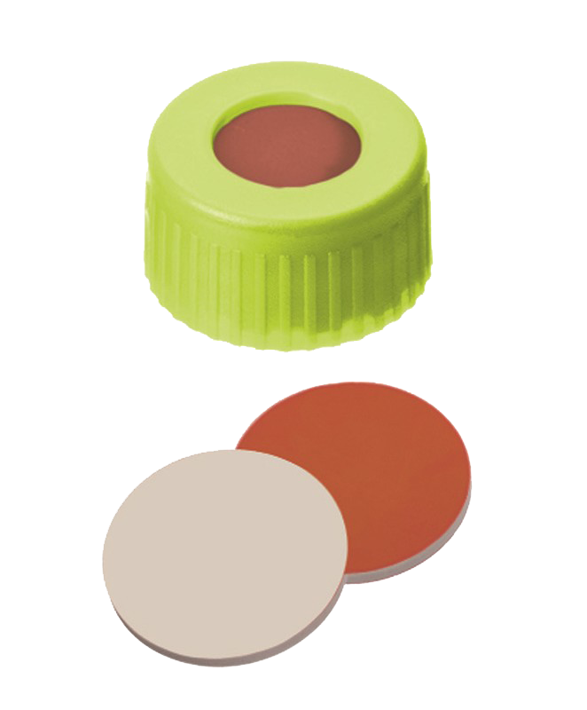 Uzáver skrutkovací ND9, PP, žltý, kau/PTFE, stred.otvor, 100ks