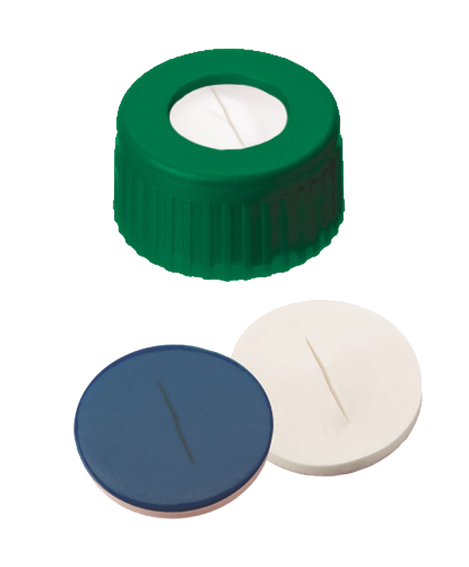 Uzáver skrutkovací ND9, PP, zelený, sil/PTFE, stred.otvor, rez, 100ks