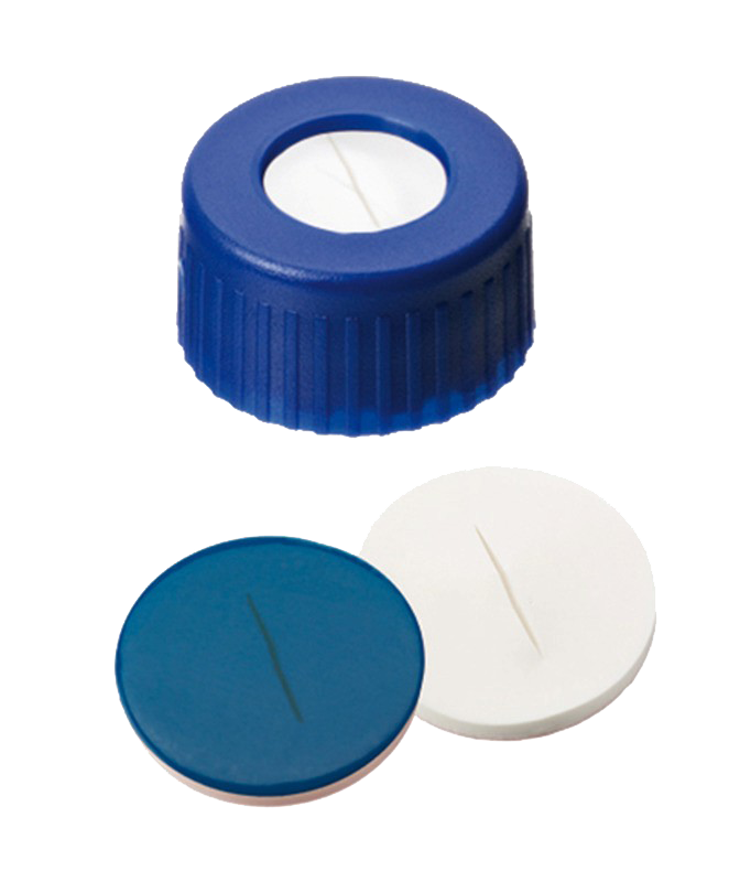 Uzáver skrutkovací ND9, PP, modrý, sil/PTFE červ., stred.otvor, rez, 100ks