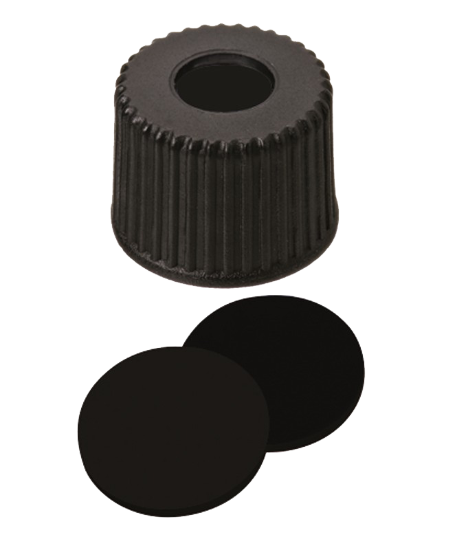 Uzáver závitový ND8, PP čierny, Viton, 1,5mm, stred. otvor, 100ks