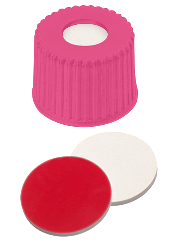 Uzáver závit ND8, PP ružový, septa sil.biely/PTFE červ., stred. otvor, 100sks
