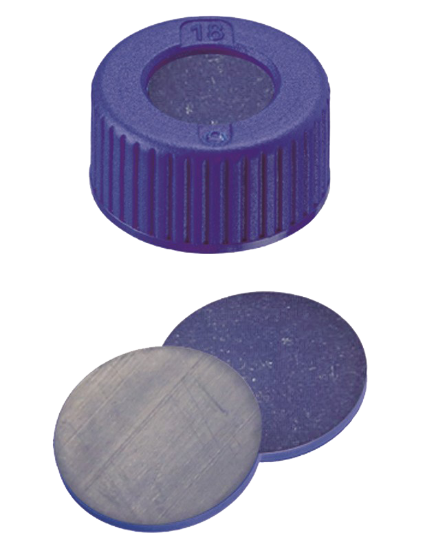 Uzáver skrutkovací ND9, PP, transp.,  sil. tm.mod./PTFE, stred.otvor, 100ks