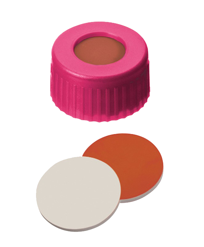 Uzáver skrutkovací ND9, PP, ružový, kau/PTFE, stred.otvor, 100ks