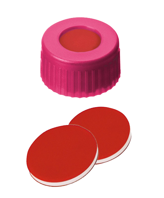 Uzáver skrutkovací ND9, PP, ružový, PTFE/sil./PTFE, stred.otvor, 100ks