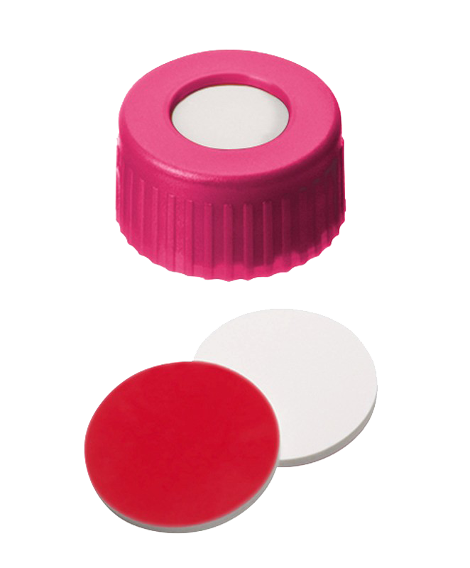 Uzáver skrutkovací ND9, PP, ružový, sil/PTFE, stred.otvor, 100ks