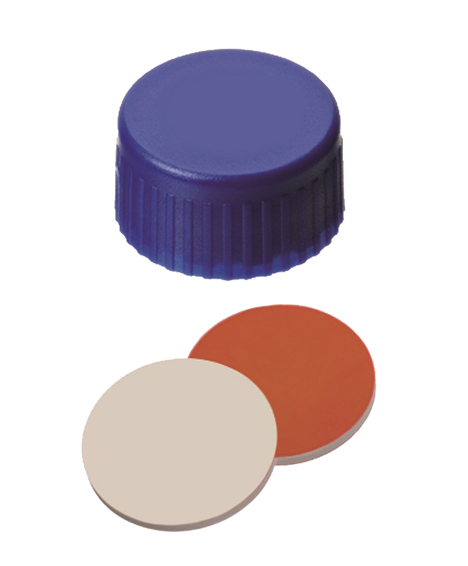 Uzáver skrutkovací ND9, PP, modrý, kau/PTFE, plné viečko, 100ks