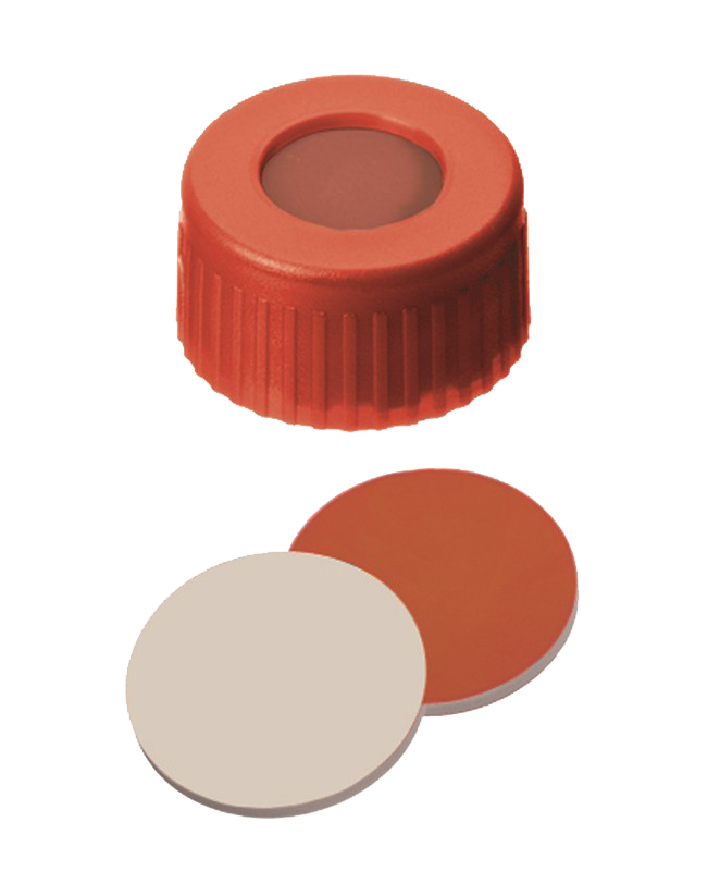 Uzáver skrutkovací ND9, PP, červený, kau/PTFE, stred.otvor, 100ks