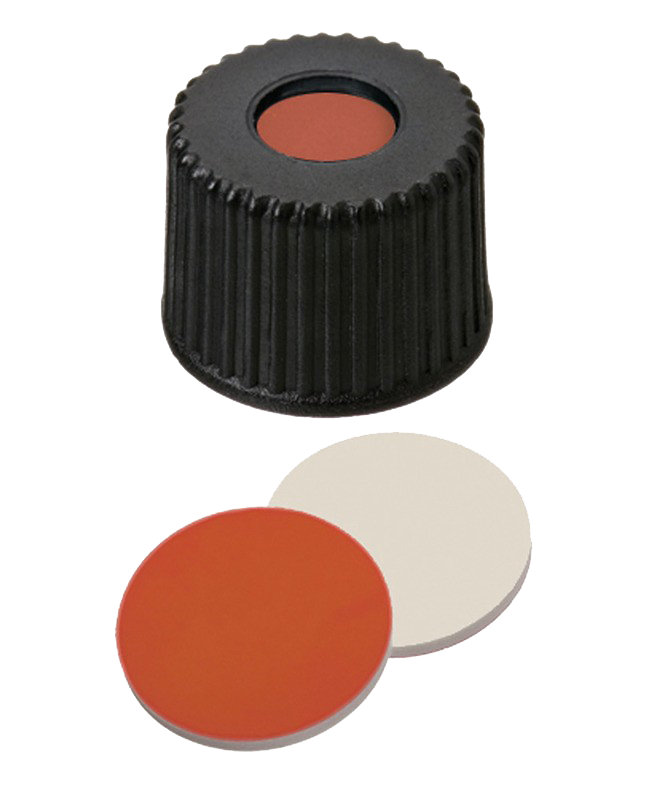 Uzáver závitový ND8, PP, čierny, stred. otvor, septa kau/PTFE, 100ks