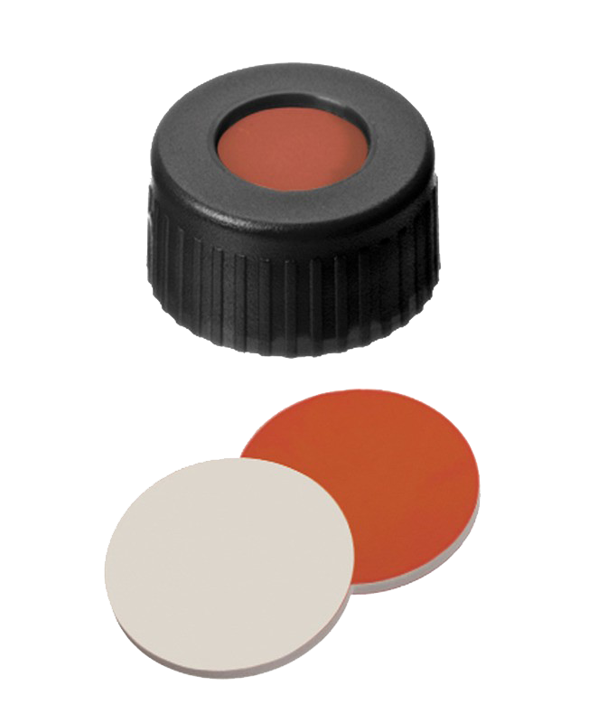 Uzáver skrutkovací ND9, PP, čierny, kau/PTFE, stred.otvor, 100ks