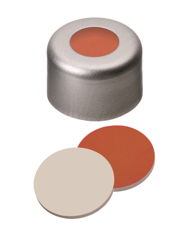 Krimpovací uzáver, ND8, septa kaučuk červ./PTFE, stred. otvor, 100ks