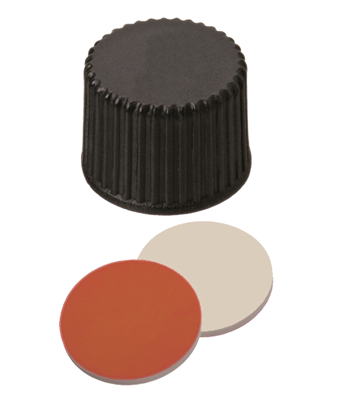 Uzáver závitový ND8, PP, čierny, plné viečko, kau/PTFE, 100ks