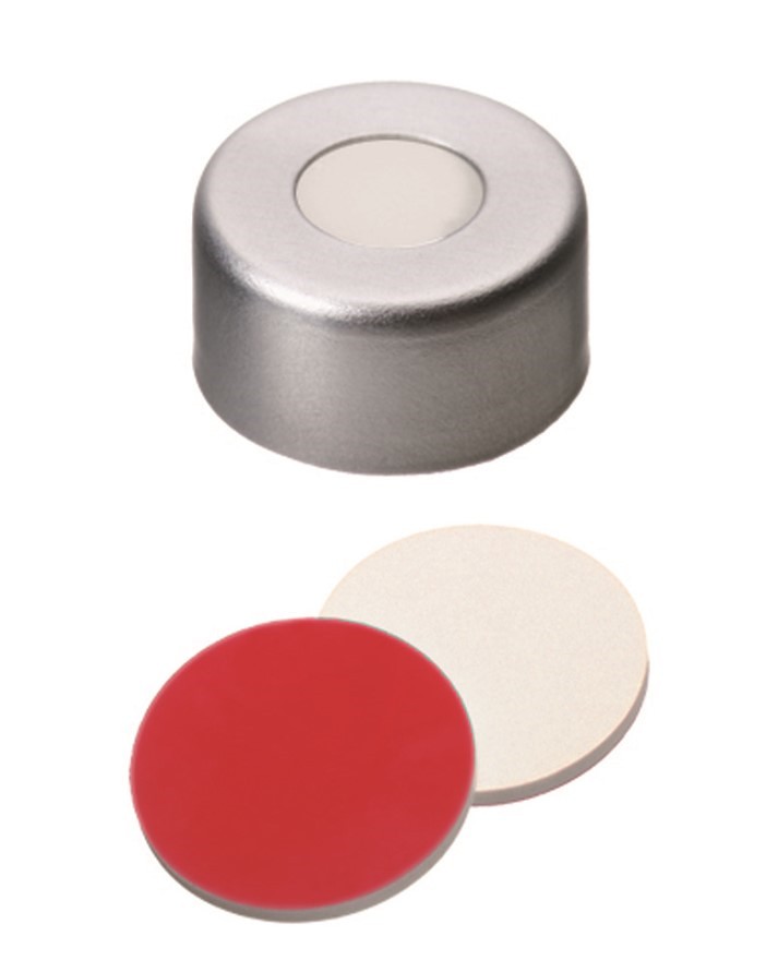 Uzáver krimpovací ND11, hliníkový, biely sil/PTFE červ., stred.otvor, 100ks