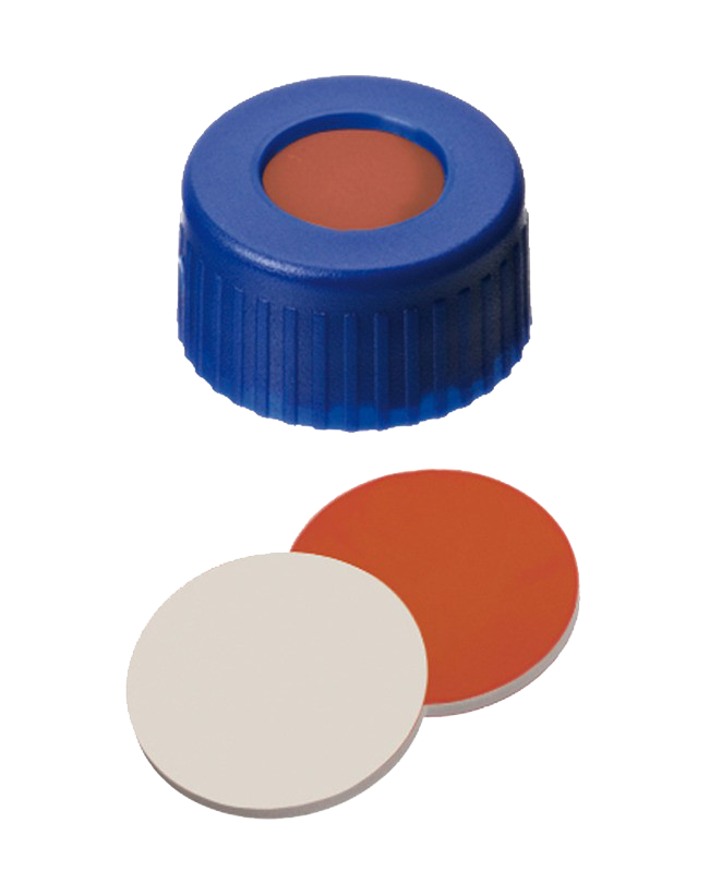 Uzáver skrutkovací ND9, PP, modrý, kau/PTFE, stred.otvor, 100ks