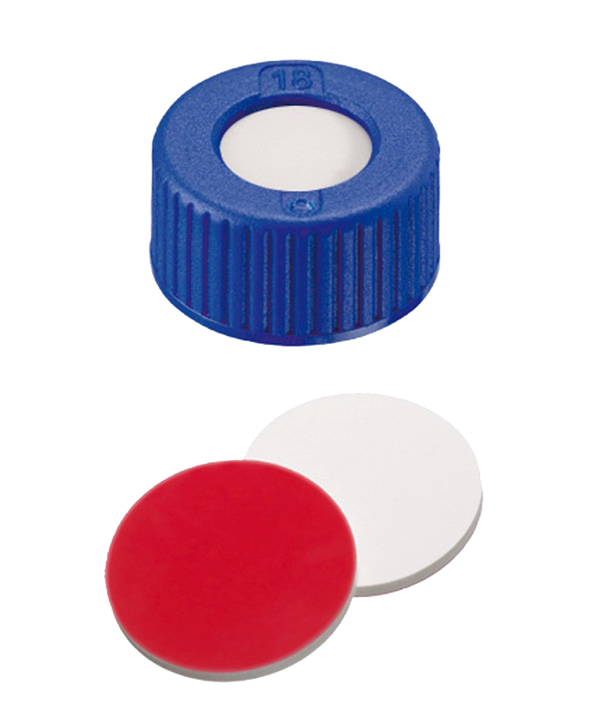 Uzáver skrutkovací ND9, PP, modrý, sil/PTFE, stred.otvor, 100ks