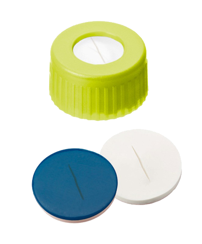 Uzáver skrutkovací ND9, PP, žltý, sil/PTFE, stred.otvor, rez, 100ks